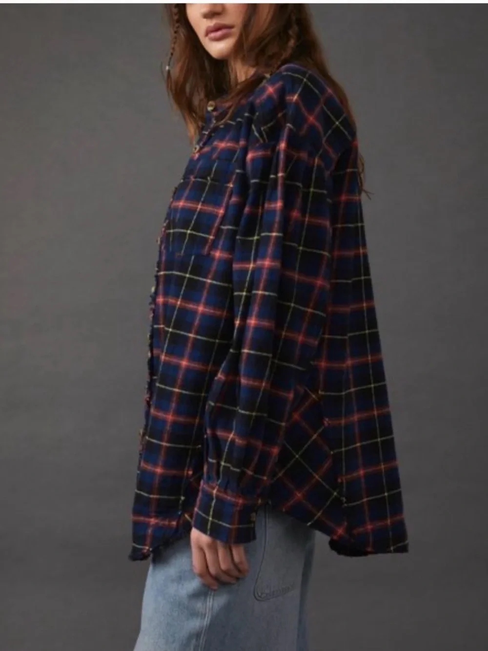 Free People Navy Red Plaid Button-Down Shirt